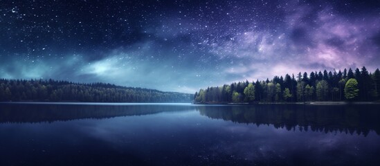 Wall Mural - Panoramic view of the lake with stars and the Milky Way above the night sky