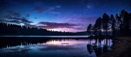 Wall Mural - Panoramic view of the lake with stars and the Milky Way above the night sky