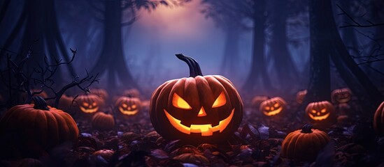 Poster - Fantasy night forest with glowing Halloween pumpkins and a horror themed Jack O Lantern with copyspace for text