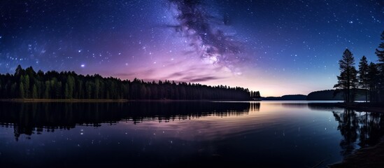 Wall Mural - Panoramic view of the lake with stars and the Milky Way above the night sky