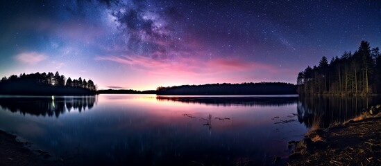 Wall Mural - Panoramic view of the lake with stars and the Milky Way above the night sky