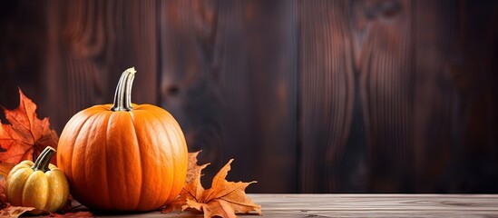 Canvas Print - Halloween themed autumn background with pumpkin decoration on wooden table in kitchen with copyspace for text