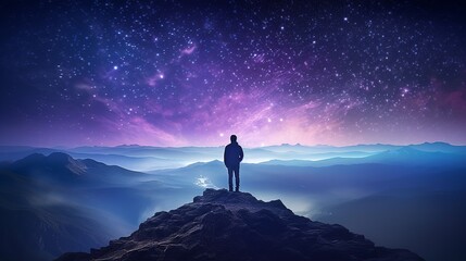 Wall Mural - Silhouette of man standing on misty mountain peak with view of the Milky Way above the night sky