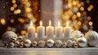 white burning advent candles surrounded by carefully arranged Christmas decorations.