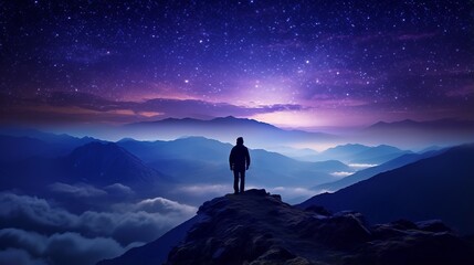 Wall Mural - Silhouette of man standing on misty mountain peak with view of the Milky Way above the night sky