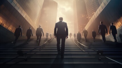 Ambitious and confident businessman in suit climbing the stairs to success with team following, leader concept, Generative AI