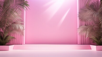 Poster - Pink gradient backdrop with shadows of window flowers and palm leaves perfect for product presentation in a studio