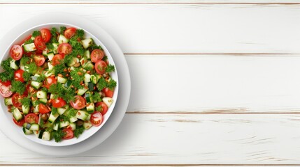 Aufkleber - Top view of a tasty salad on a white wooden table with room for text
