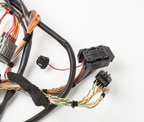 Poster - A cable of matted wires of different colors with connectors in the electrical wiring of the car. Internet line in the work of the provider.