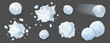 3D snowballs. Throw snow balls. Winter game. Christmas fight. Play with ice snowflakes. New Year holiday. Snowy sphere fly motion. Icy orb splash. Vector realistic frost elements set