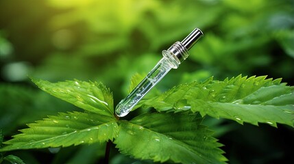 Aufkleber - Using a pipette extract serum or oil onto green leaves with water drops in the backdrop Emphasizing organic or vegan cosmetics focus is selective Close up