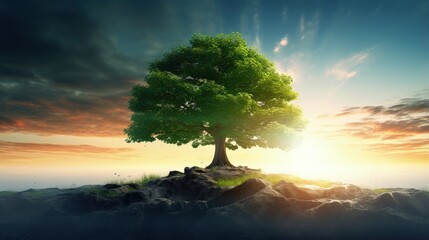 Wall Mural - Sunrise on a small tree in a green world representing Earth Day