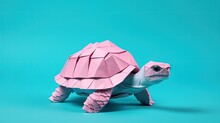 Top View Of A Handmade Light Blue Paper Turtle On A Pink Background In Origami Style