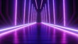 Neon lamps create a colorful backdrop with diagonal lines on an empty purple stage