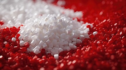 Wall Mural - Plastic recycling showcased close up of mixed granules on red table at exhibition