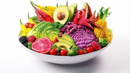 Poster - Healthy vegan salad with a variety of fruits vegetables and avocado on white background