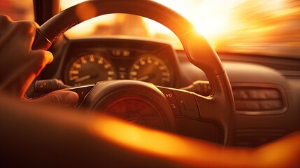 Close up of hands on a steering wheel with shallow depth of field, generated by AI