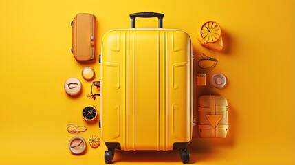 Wall Mural - Yellow suitcase and accessories on yellow backdrop depicting travel idea