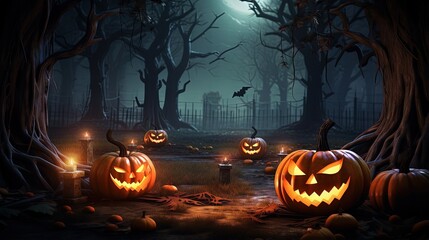 Poster - Halloween themed pumpkins on wooden surface Night forest background with moon