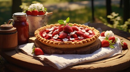 Leinwandbilder - Fresh strawberry and cream homemade pie served in a picnic basket