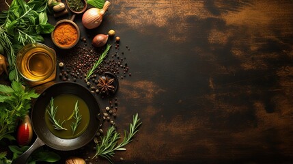 Aufkleber - Top view of a food background with space for text featuring herbs olive oil and spices arranged around a cast iron frying board