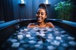 Relaxed Woman Enjoying a Rejuvenating Ice Bath Onsen Spa, Surrounded by Ice Cubes, Reflecting Wellness and Relaxation