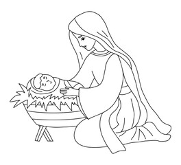 Wall Mural - Merry Christmas. Virgin Mary and baby Jesus in manger. Birth of Savior Christ. Vector illustration. outline hand drawing doodle for Xmas holiday design, decor, postcards, coloring.