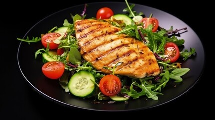 Fototapete - Grilled chicken breast fresh veggie salad with lettuce arugula spinach cucumber and tomato Healthy lunch diet friendly Top view