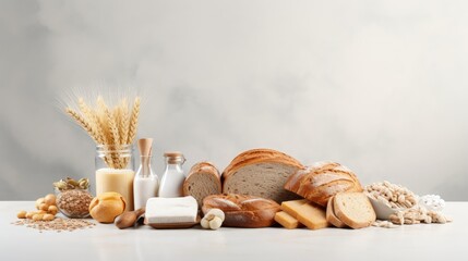 Healthy food concept with best sources of carbs on light gray background offering copy space and a panorama view