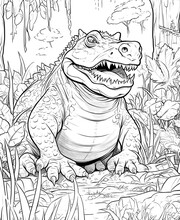 Black And White Illustration For Coloring Animals, Crocodile.