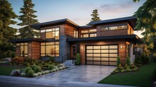 Modern House In Northwest USA With Flat Roof Brown Siding And Glass Garage Door