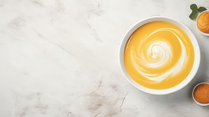 Aufkleber - Pumpkin soup with creamy texture on marble background top view