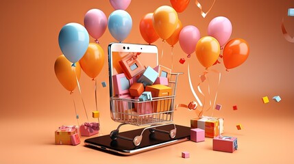 Wall Mural - 3D illustration of a phone with objects floating inside surprise box and cart representing online shopping