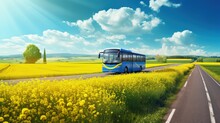 Blue Bus Driving Through Yellow Rapeseed Fields Under Radiant Sun In Rural Landscape