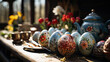 Easter celebration in a Ukrainian village. Traditional painted eggs - pysanky