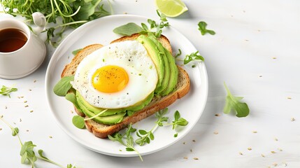 Leinwandbilder - Healthy breakfast with avocado egg sandwiches coffee and whole grain toasts topped with mashed avocado fried eggs and organic microgreens served on a white table