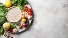 Vegan Diet Concept With Healthy Food On Marble Countertop