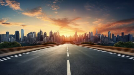 Sunset view of modern city skyline and mountain scenery from an empty asphalt road