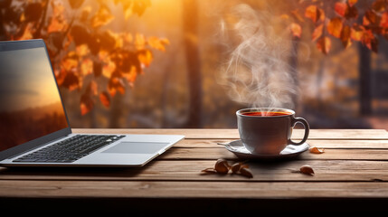 Beautiful workplace Outdoors with White laptop white cup with fruit tea, orange, notebook and glasses on a Wooden Table Background of yellow Autumn Garden.