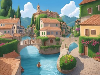 Wall Mural - Checkered Village landscpae. Squares composition pattern. AI generated illustration