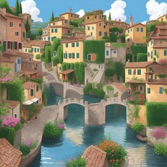 Wall Mural - Checkered Village landscpae. Squares composition pattern. AI generated illustration