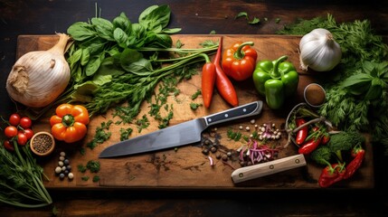 Aufkleber - Bird s eye perspective of knife and cutting board with herbs and vegetables on wooden table