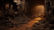 Collapsed Timbered Underground Tunnel In Deserted Copper Mine