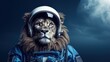 Creative concept Lion astronaut excelling in a blue background wearing a space suit helmet leading a space mission with a scientific focus King of innovation