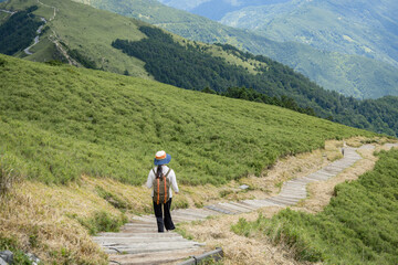 Canvas Print - Woman hiker trekking on the mountain