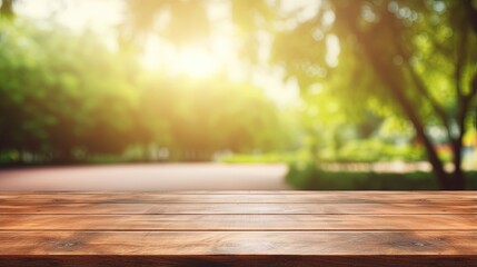 Aufkleber - Empty wooden board on table with blurred background ideal for displaying or montaging products Vintage filter spring ambiance