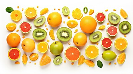 Wall Mural - Colorful arrangement of fresh fruits including papaya apple orange kiwi and melon on a white background Represents a fruity summer diet and tropical mix