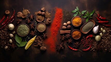 Aufkleber - Spices arranged on old dark background from above