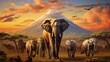 African animals such as giraffes lions elephants monkeys and others gather near Mount Kilimanjaro