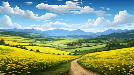 Poster - Picturesque nature landscape with yellow fields a road and a stunning valley in bloom